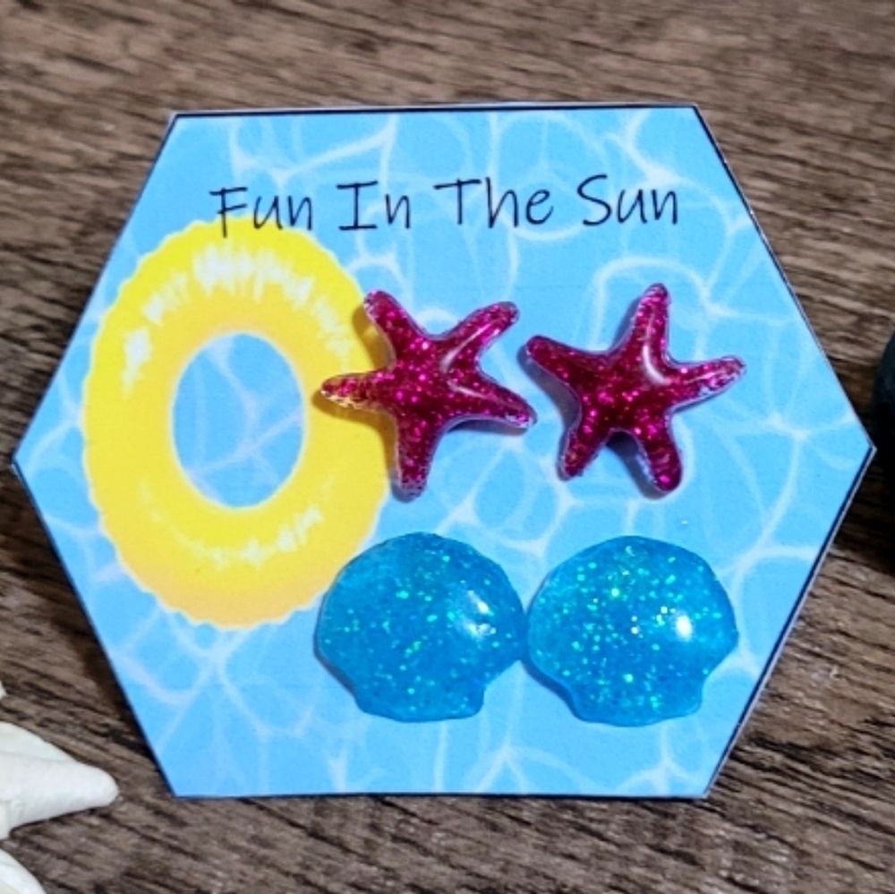 Pink and Blue Glitter Starfish Shell Earrings Set